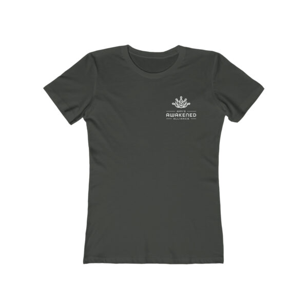 Awakened Alliance Women's Grey Distressed Logos Boyfriend Tee with back imprint - 6 colors