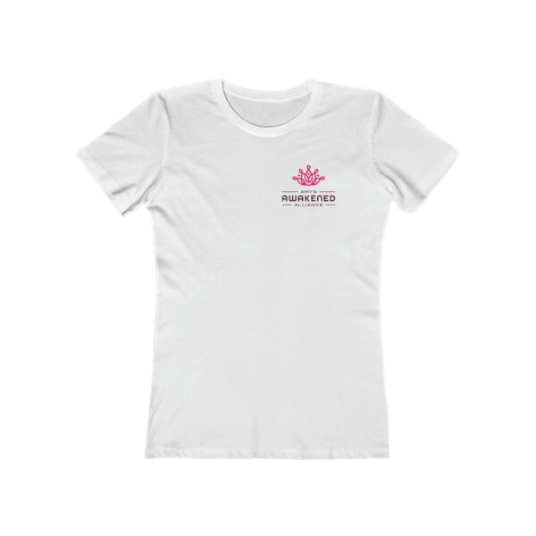 Awakened Alliance Women's White Boyfriend Logo Tee with Back Imprint